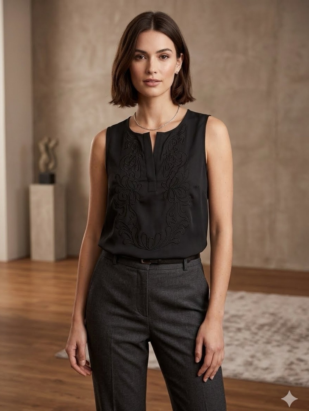 H&M Contemporary Top with Subtle Embroidery in Black Size Small